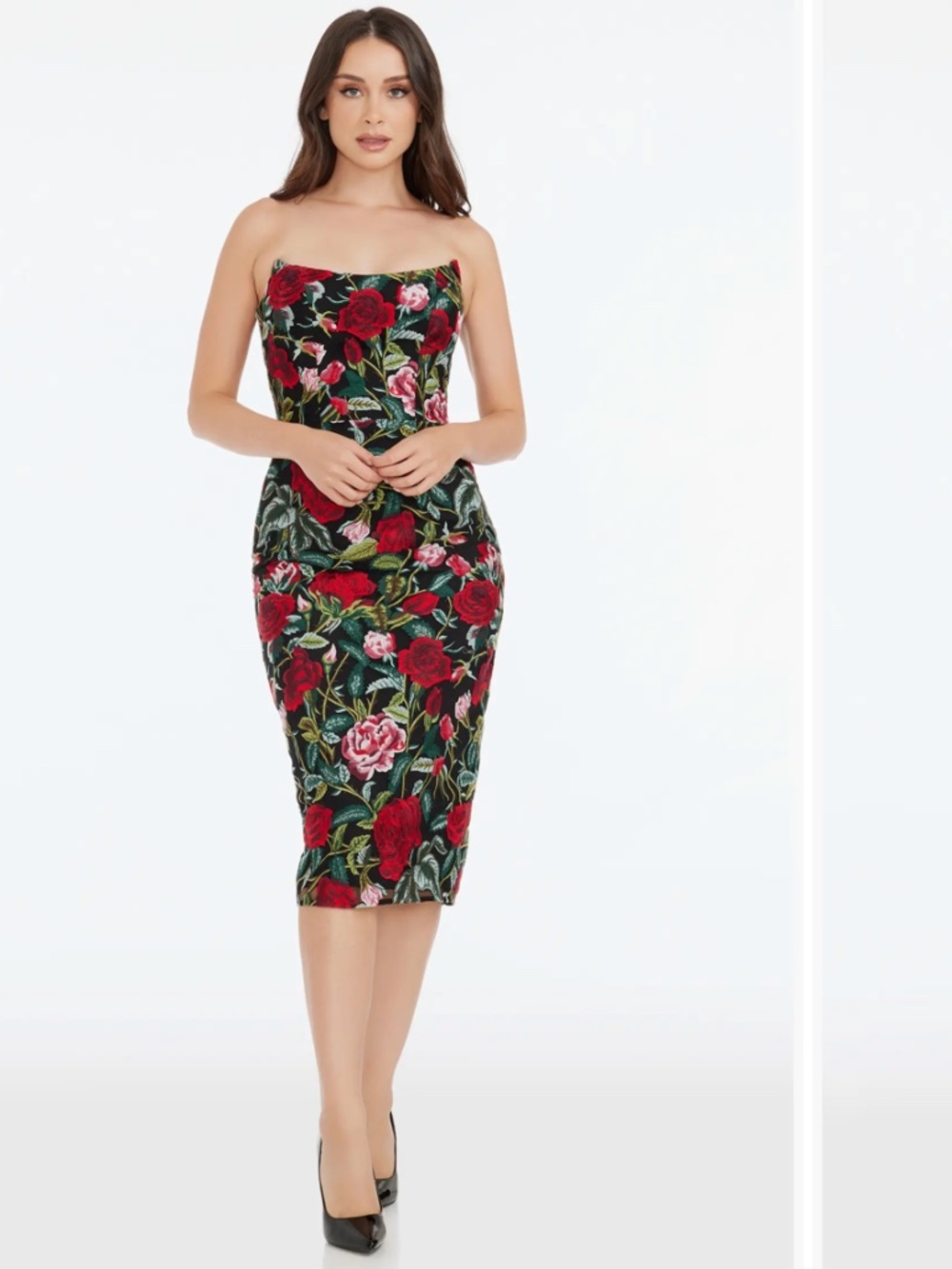 Dress the Population Cosette Floral Embroidered Strapless Body-Con Dress